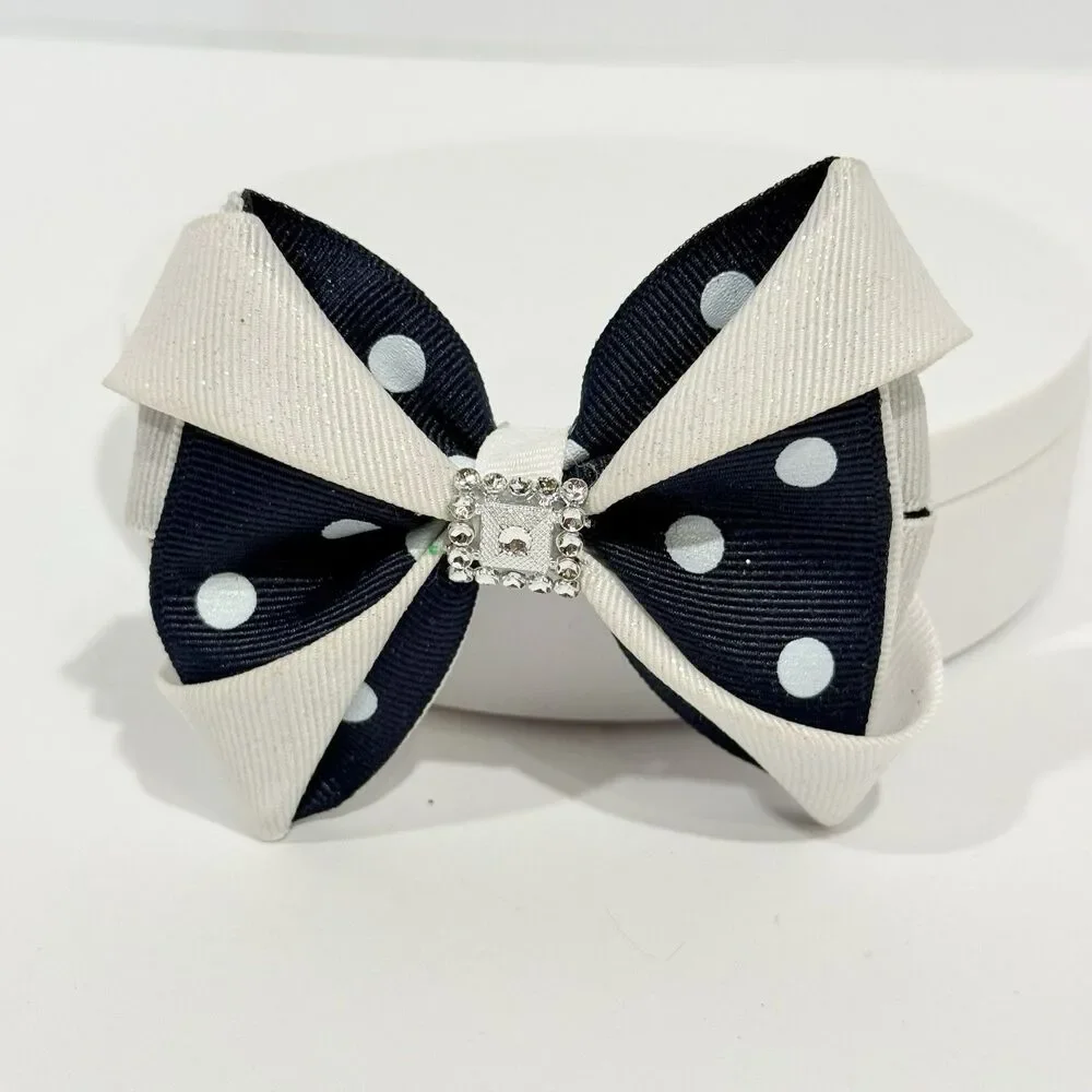 Hair Bow Clip Hairpin For Girls White And Blue Polka Dot New